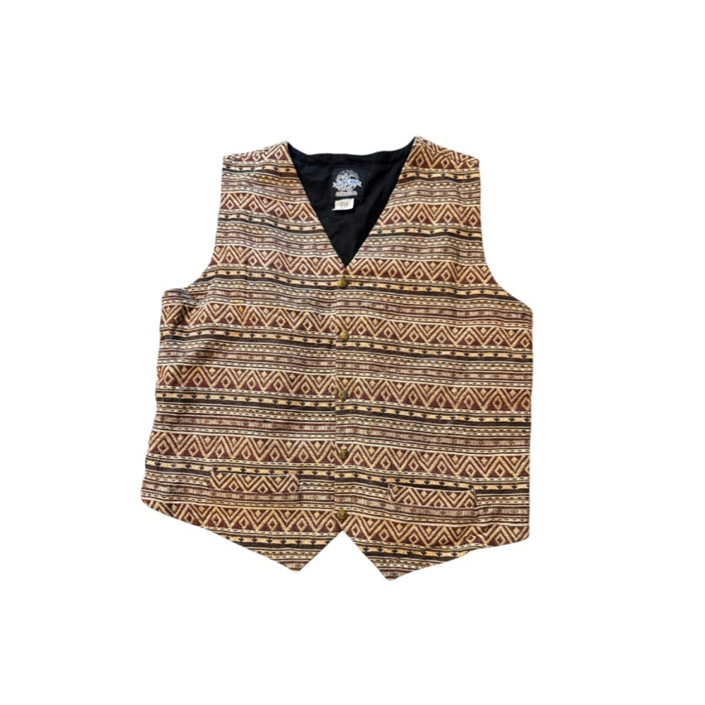 Vintage 80s 90s Woven Tapestry Vest Global Mind XL Beige Brown Tribal Patterned